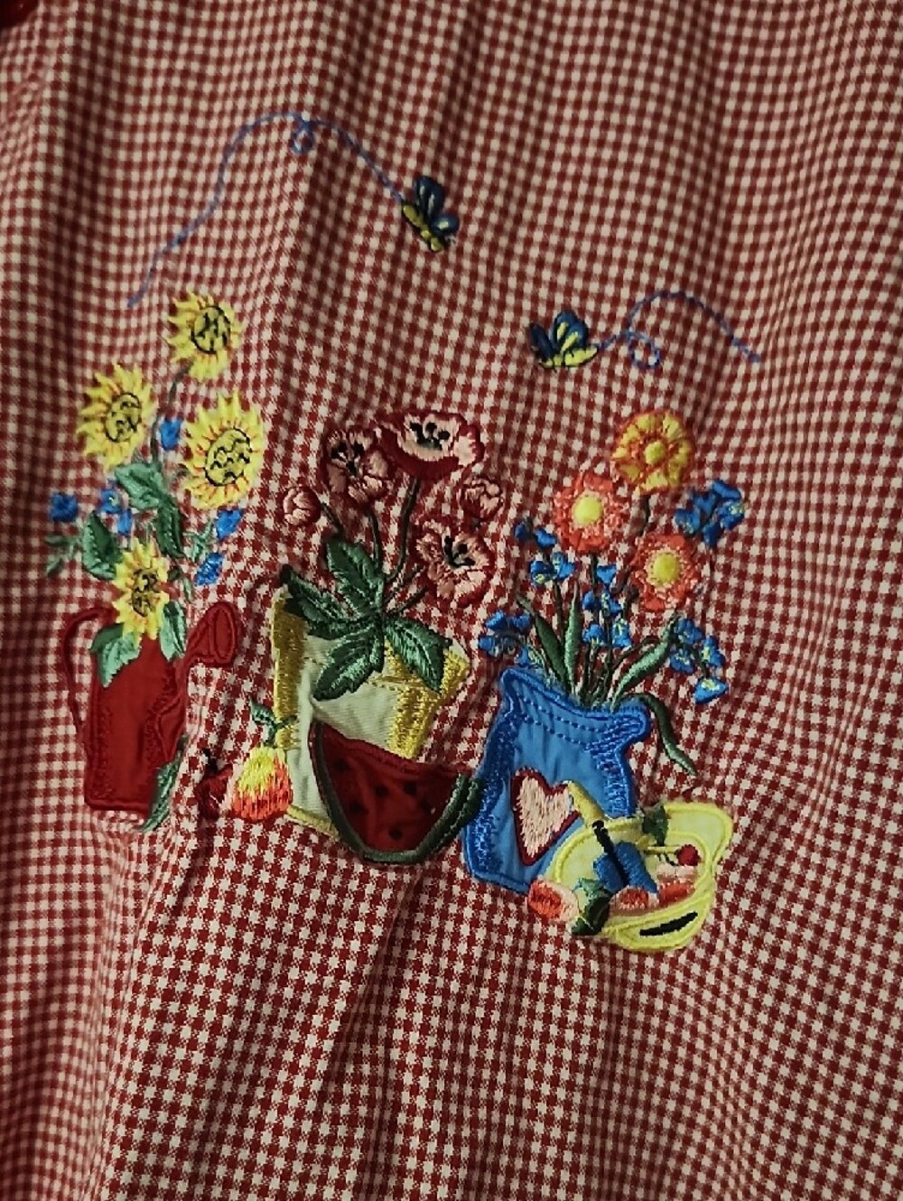 Red Gingham Short Sleeve Button-Up Shirt with Floral Embroidery - Picture 2 of 6